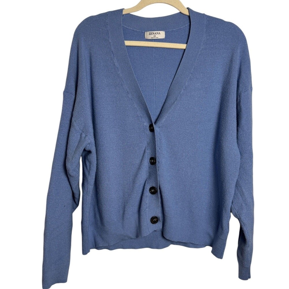 Zenana Muted Cornflower Blue Size 2X Button Up Long Sleeve Waffle Knit Cardigan